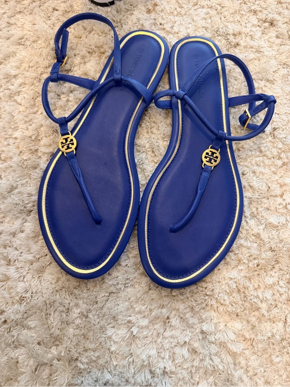 Tory Burch Royal Blue Leather T-Strap Sandals with Gold Logo